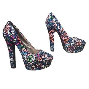 SHI by Journeys Platform Pumps Stained Glass Lace Floral Heels 9 Multi Party
